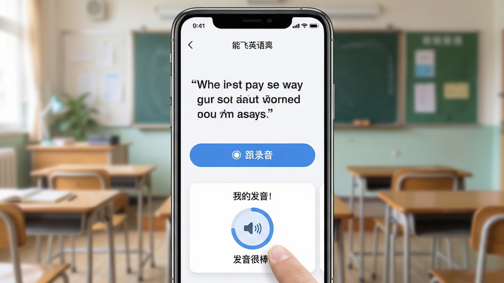 主体:能飞英语学习软件在手机端的学习界面,屏幕显示一句英文台词和跟读录音按钮。布局:手机竖屏居中,背景为模糊的教室场景,手机屏幕内容清晰可见,界面底部有“我的发音”评分卡片。排版:界面简洁,白色背景配蓝色按钮,评分呈圆形显示,下方有鼓励语“发音很棒!”风格:清新扁平,色彩柔和,符合移动端设计规范。细节:手机边框有金属质感,屏幕上缘有电量与时间图标,手指正点击“录音”按钮。画质:高清,画面干净,无多余元素。