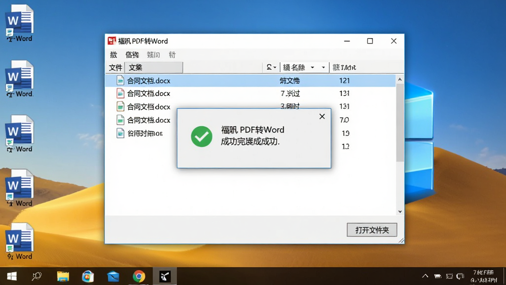 ���壺���PDFתWord������Windows�����ϵ����л��棬��ʾת����ɵ��ļ��б��ͳɹ���ʾ�����֣������ھ��У��ײ��С����ļ��С���ť����������Word�ĵ�ͼ�ꣻ�Ű棺������������ļ��б���ʾ�ļ����ʹ�С�����дʵ����Ļ��ͼ����Դ���Ӱ������Ϊ�����ֽ��ϸ�ڣ�ת���ɹ�������ɫ�Թ���ʾ���ļ�����ʾ����ͬ�ĵ�.docx�������ʣ����壬ϸ����ʵ���ɾ������