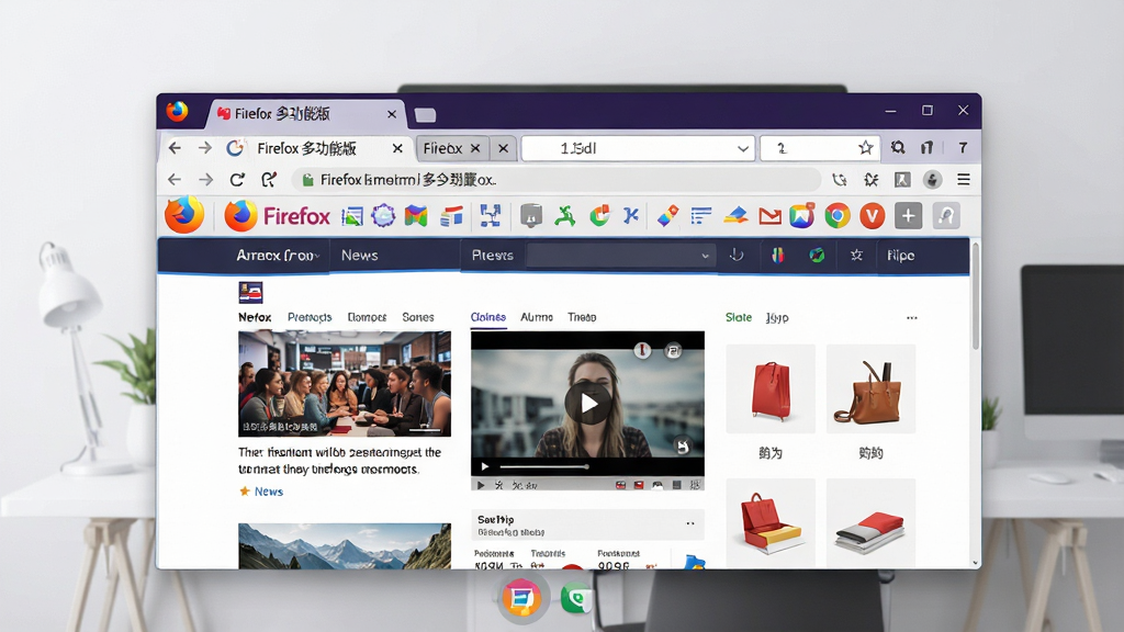 ���壺Firefox �๦�ܰ�����������棬չʾ���ǩҳ��ḻ������ͼ�ꡣ���֣���������ھ��У�����Ϊ�����ִ����滷�����Ű棺����Ԫ���������룬��ַ������չͼ�������ɼ�����񣺱�ƽ����ƣ�ɫ�����������пƼ��С�ϸ�ڣ���ǩҳ����ʾ��Firefox �๦�ܰ桱������ҳ���д������š���Ƶ������ȶ����վ�����ʣ����壬�ɾ����޶���Ԫ�ء�