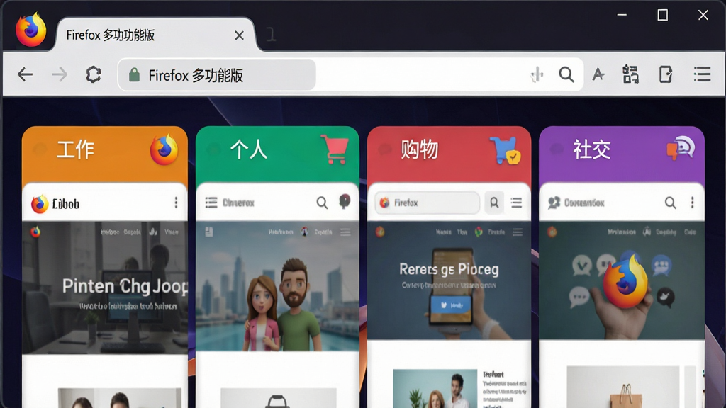 ���壺Firefox �๦�ܰ�������в�ͬ��ɫ������ǩҳ������ʾ�Ľ��档���֣��ĸ���ͬ��ɫ�ı�ǩҳ�ֱ��ע���������������ˡ�������������罻�����·���Ӧ��ͬ��ҳ���ݡ��Ű棺��ǩ����Ŀ��ɫ���������ԡ����ֱ���������ִ���Լ��ϸ�ڣ�ÿ����ǩҳ���Ͻ��ж�Ӧ��ɫ��Сͼ�꣬�������ַ����ʾ��Firefox �๦�ܰ桱�����ʣ��߷ֱ��ʣ��ɾ����޶���Ԫ�ء�