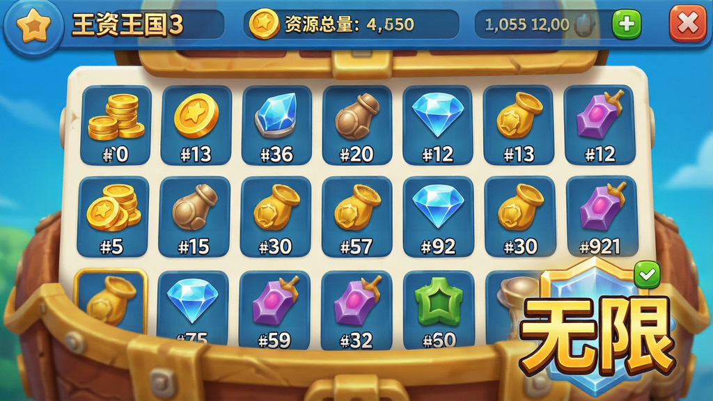 主体:螺旋王国3D游戏中英雄背包界面,展示满屏的金币与钻石资源。布局:背包网格中整齐排列着各种资源图标,右下角有“无限”字样标识。排版:界面简洁,资源图标下方标注数量,顶部显示当前资源总量。风格:明亮干净,UI质感细腻,色彩鲜艳。画质:高清渲染,细节丰富,无多余元素。