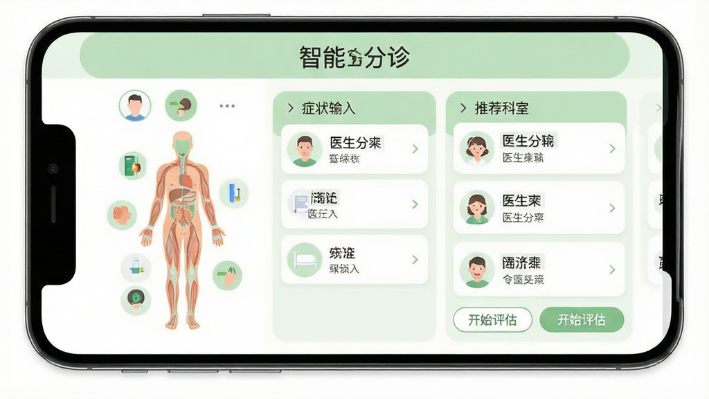 主体:智能分诊功能界面展示,手机屏幕上方显示“智能分诊”标题,下方为人体部位选择图与症状输入框。布局:左右分栏,左侧为可点击的人体图形,右侧为推荐科室列表。风格:扁平化设计,浅绿色与白色配色,亲和力强。细节:推荐科室卡片上标注医生姓名与职称,屏幕底部有“开始评估”按钮。画质:高清,干净,无多余元素。