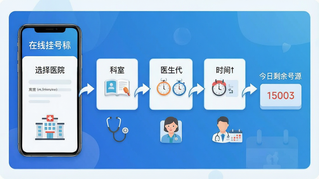 主体:在线挂号流程示意图,手机界面显示选择医院、科室、医生、时间四个步骤。布局:四步横向排列,箭头连接,右侧显示“今日剩余号源”。风格:信息图风格,蓝色渐变背景。细节:每一步下方都有小图标,如医院建筑、听诊器、医生头像、日历。画质:高清,干净,无多余元素。