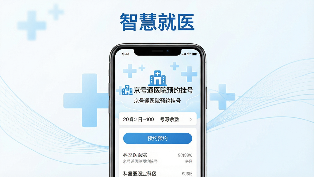 主体:手机屏幕展示京号通医院预约挂号APP界面,画面中央为清晰的“京号通医院预约挂号”字样与医院图标,背景是淡蓝色医疗十字与柔和线条。布局:手机位于视觉中心,四周留白,上方有“智慧就医”标语。排版:简洁明快,界面内显示科室列表与预约按钮。风格:现代医疗科技感,色彩以蓝白为主,干净明亮。细节:手机屏幕中日期与号源余数清晰可见,界面无多余图标。画质:高清渲染,干净,无多余元素。
