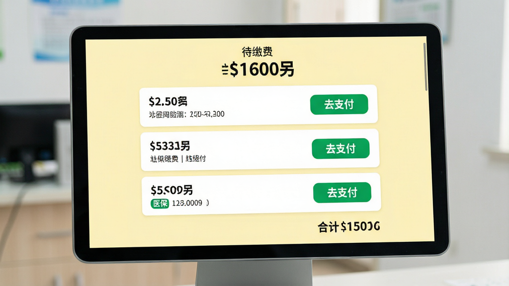 主体:门诊缴费页面,屏幕上方显示“待缴费”金额,下方列出三项费用明细。布局:卡片式排列,每项费用右侧有“去支付”按钮。风格:清爽的浅黄色背景,黑色文字,绿色支付按钮。细节:医保支付选项带“医保”小标签,底部有“合计”金额。画质:高清,干净,无多余元素。