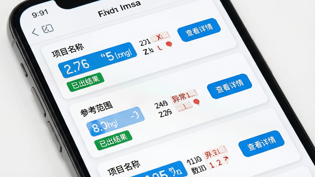 主体:手机屏幕显示检验报告列表,报告卡片包含项目名称、数值、参考范围与异常标记。布局:列表式排版,每行一份报告,右侧有“查看详情”按钮。风格:简洁医疗风,白色底,蓝色高亮数值。细节:报告卡片上带有“已出结果”绿色标签。画质:清晰,干净,无多余元素。