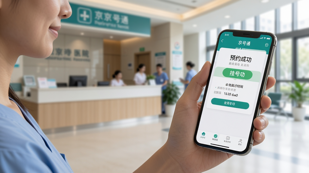 主体:用户手持手机操作京号通APP,周围有医院背景。布局:人物位于左侧,手机屏幕朝右,屏幕上有挂号成功提示。风格:实拍风格,自然光线。细节:手机屏幕显示“预约成功”与就诊时间。画质:高清,干净,无多余元素。