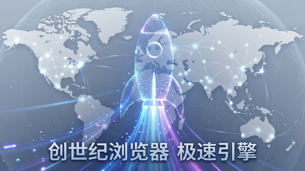 图片主体为创世纪浏览器极速加载的抽象概念图,画面中央是一个由光线和粒子组成的火箭形状,尾部拖拽出蓝色和紫色的光带,背景是淡化的全球网络节点地图。布局采用中心构图,火箭主体占画面三分之二,光带向四周扩散。风格为科技感十足的3D渲染,细节上光效通透,粒子大小不一,营造出速度与激情的感觉,画质细腻干净,无多余元素。图片中可加入文字“创世纪浏览器 极速引擎”。