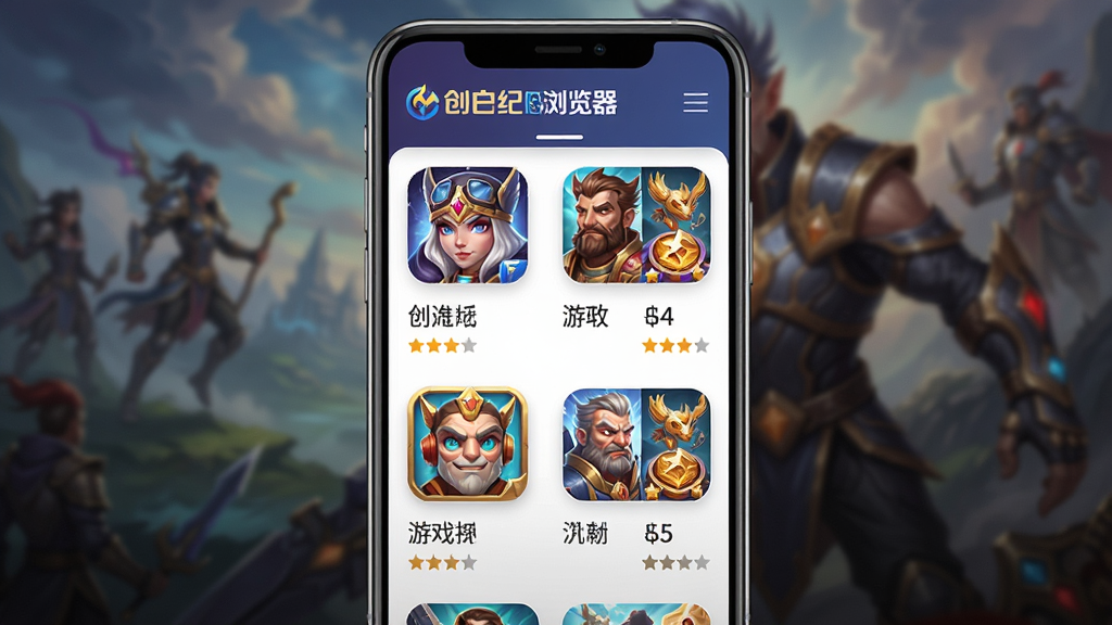图片主体为创世纪浏览器内置游戏中心的界面截图,手机屏幕上展示着游戏推荐列表,每个游戏图标都设计精美,下方标有游戏名称和评分。背景是模糊的游戏原画。布局为上下滚动式列表,排版整齐有序。风格为现代UI设计,色彩鲜艳明亮,细节上突出了“创世纪浏览器”的标识,画质高清,界面干净无多余元素。