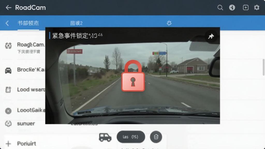 展示RoadCam紧急事件锁定功能的界面,画面中央显示一条被锁定的视频片段,带有锁形图标,背景为行车记录列表,风格清晰明了,无多余元素