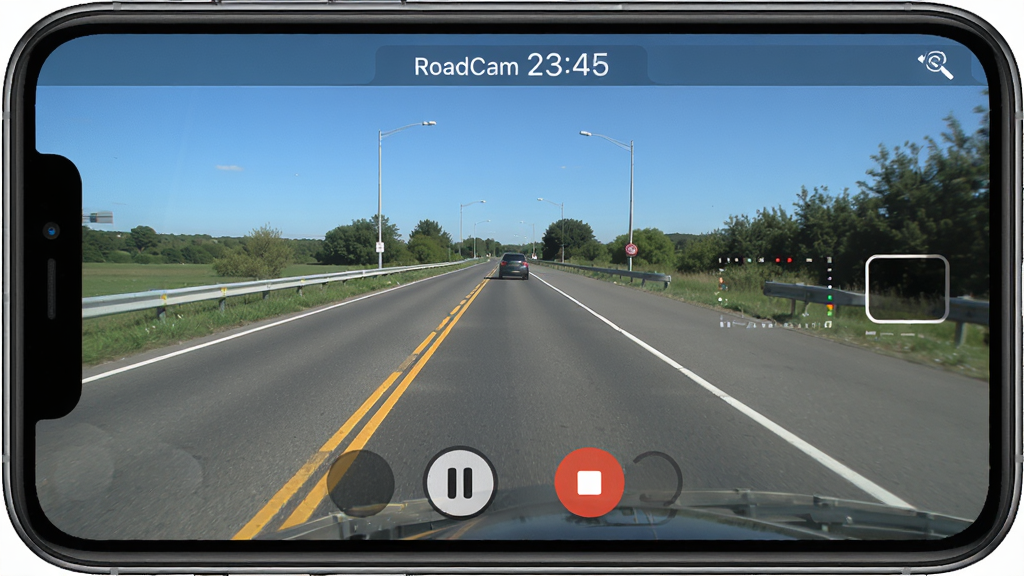 展示RoadCam应用在手机上进行高清录制的界面,画面中道路清晰,色彩真实,顶部显示录制时间和分辨率,底部有暂停和停止按钮,整体布局简洁,画质细腻,无多余元素