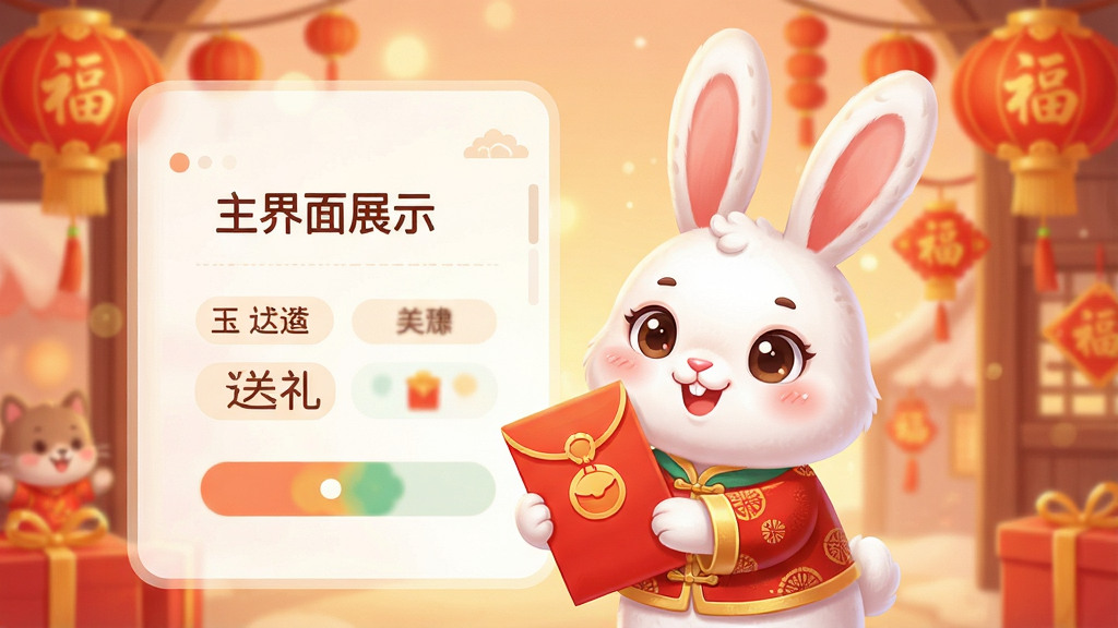 玉兔送礼主界面展示图,一只可爱的卡通玉兔手持红包,背景是温馨的节日氛围,界面布局简洁明亮,风格清新可爱,细节丰富,画质高清,干净无多余元素