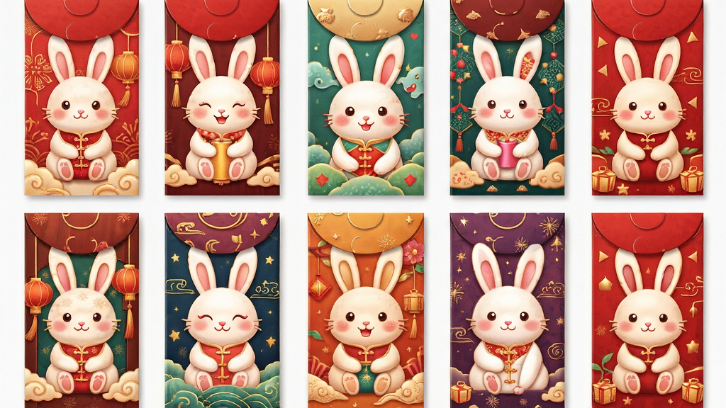 玉兔送礼红包封面展示图,多种玉兔主题封面排列展示,风格各异,色彩鲜艳,布局规整,细节精致,画质高清,干净无多余元素