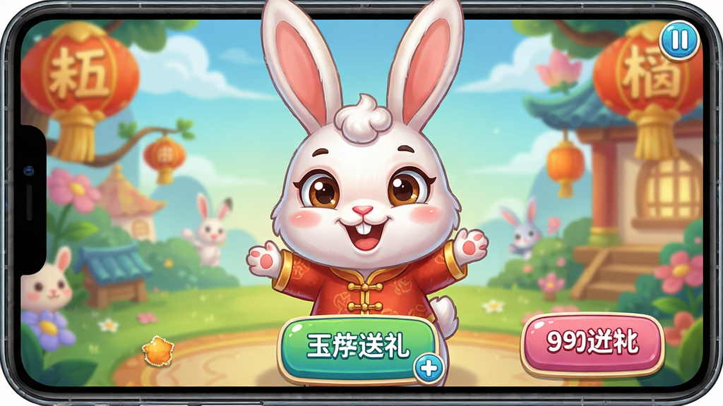 玉兔送礼互动小游戏界面截图,游戏画面色彩明亮,玉兔角色活泼可爱,操作按钮清晰可见,风格卡通,细节丰富,画质高清,干净无多余元素