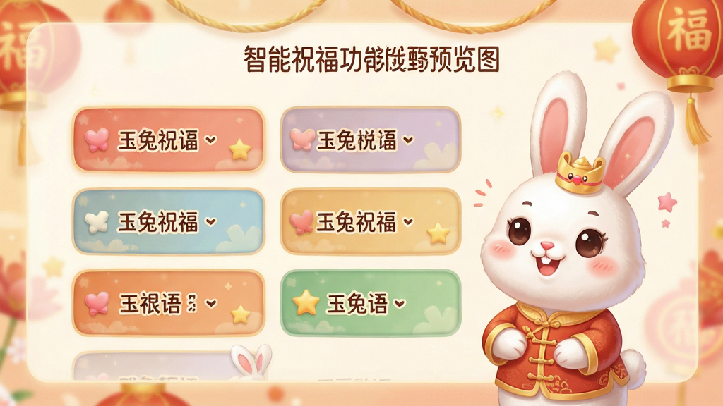 玉兔送礼智能祝福功能预览图,界面展示多种祝福语选项,玉兔卡通形象点缀其中,布局清晰,风格温馨,细节丰富,画质高清,干净无多余元素