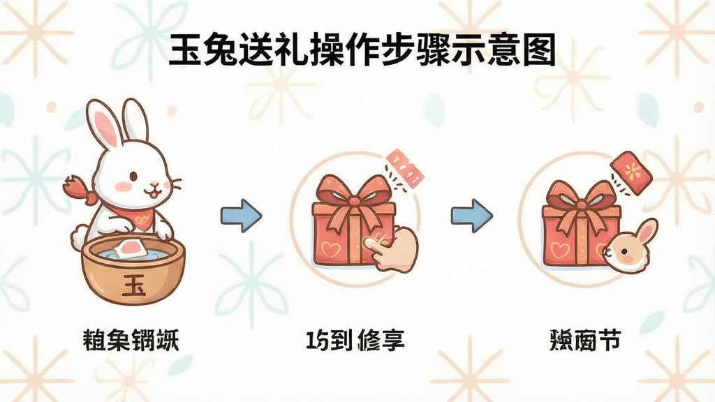 玉兔送礼操作步骤示意图,展示从制作到分享的完整流程,步骤图标清晰,风格简洁,布局合理,细节明确,画质高清,干净无多余元素