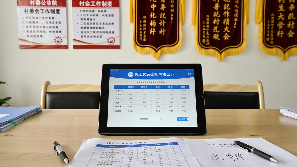 画面主体为一张整洁的村委会办公桌,桌面上放着一台平板电脑,屏幕显示