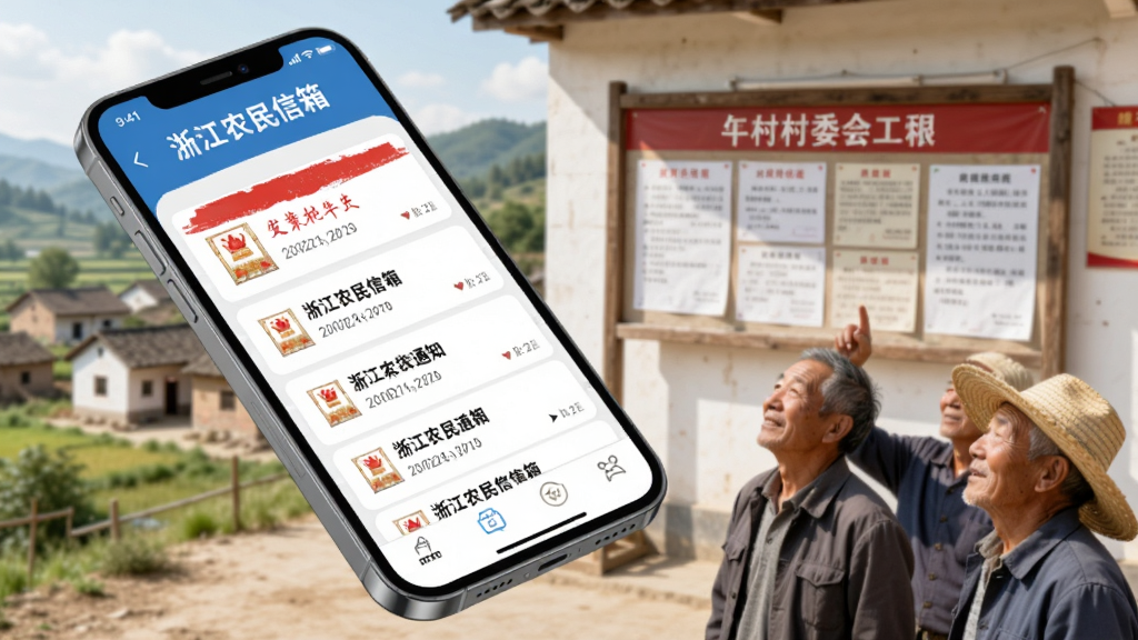 画面主体为一部智能手机悬浮在乡村上空,屏幕放大显示