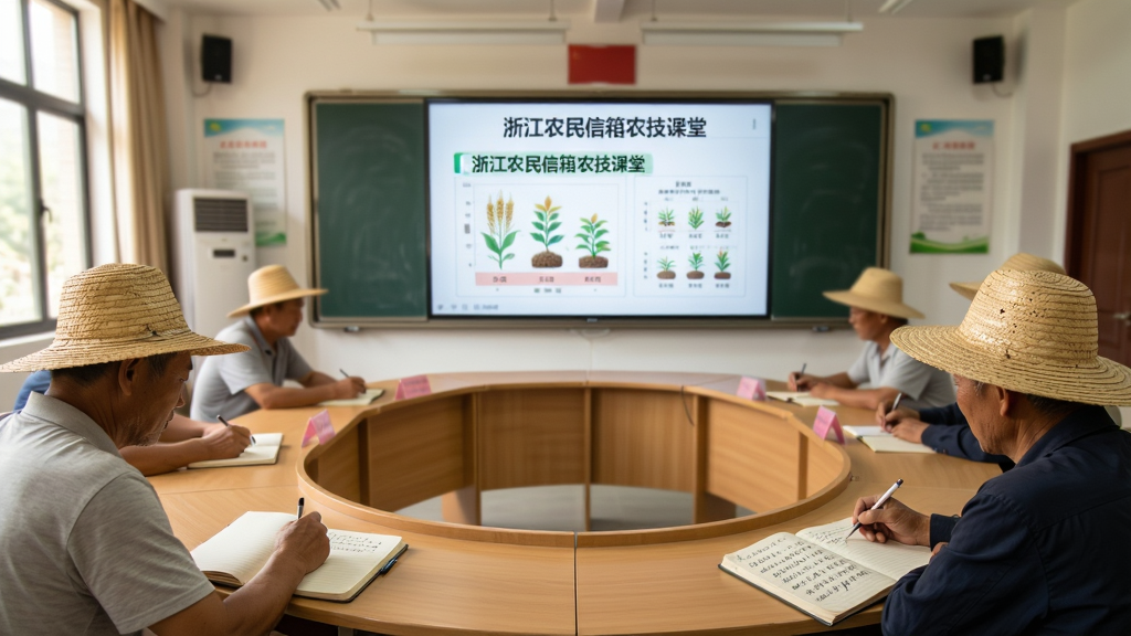 画面主体为一间明亮的农技培训教室,大屏幕上播放着