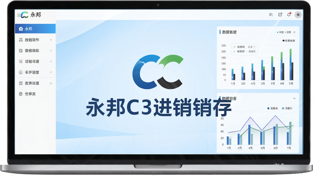 永邦C3进销存软件主界面预览图,画面中央显示软件logo与“永邦C3进销存”文字,背景为浅蓝色渐变,界面布局清晰,左侧功能菜单,右侧数据图表,整体风格商务简洁,科技感,高清渲染,画质干净,无多余元素
