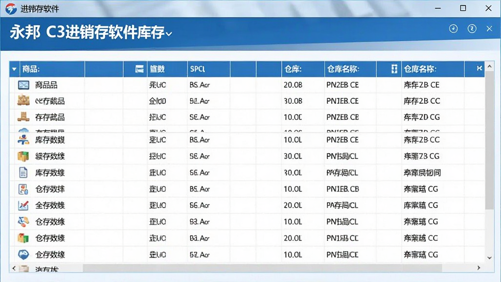 永邦C3进销存软件库存管理功能截图,画面展示商品列表、库存数量、仓库名称,界面以蓝色为主色调,数据表格清晰,布局规整,风格商务,细节丰富,画质清晰,无多余元素