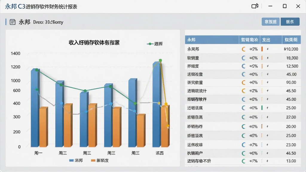 永邦C3进销存软件财务统计报表界面,画面展示柱状图与数据列表,体现收入支出对比,背景为浅灰色,界面现代,图表立体感强,细节丰富,画质清晰,无多余元素