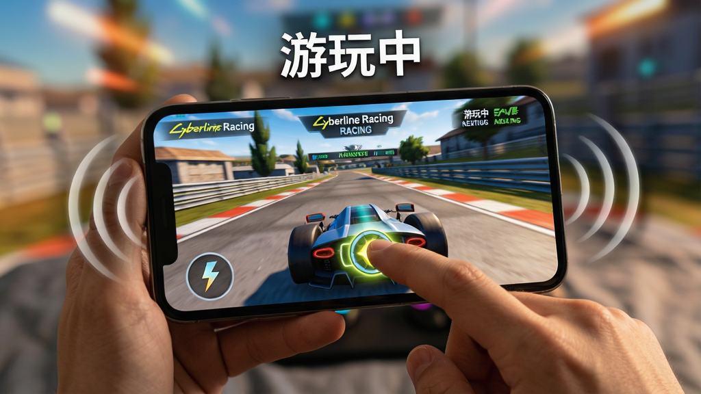 ���壺����ֳ��ֻ�����Cyberline Racing����Ļ��ʾ�������棬��ָ���ڵ����Ļ�ϵĵ�����ť�����֣��ֻ�λ�ڻ������룬��Χ��ģ������Ϸ��Ч�������Ű棺���������ֻ���Ļ�����ɼ�����Χ�С������С����������дʵ��Ӱ����Ϸ�����ϣ�ůɫ��Ϊ����ϸ�ڣ���ָ���°�ťʱ��Ļ���⣬�ֻ��������������������ơ����ʣ����壬����ɾ��޶���Ԫ�ء�