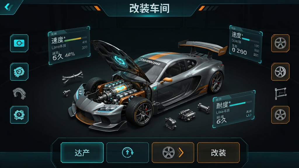 ���壺Cyberline Racing��Ϸ��װ������棬һ�����������չʾ�������Χ��������ȫϢ������Ļ�����֣��������ڻ������룬���ͼ��Χ���ڲ࣬�·�Ϊ��װѡ�������Ű棺��ϷUI��ͼ��񣬹��ܰ�ť�����������С���װ���䡱��������񣺿Ƽ���UI��ƣ���ɫ����������ɫ���ɫ������ϸ�ڣ�����Ǵ�¶���������ģ������ʽ���л�����Ļ��ʾ�ٶ����;ò��������ʣ����壬����ɾ����࣬�޶���Ԫ�ء�