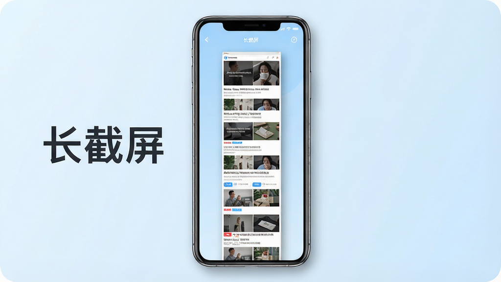 一张现代智能手机屏幕显示长截屏应用主界面,界面简洁清爽,背景为淡蓝色渐变,中央展示一条纵向拼接完整的网页长图预览,图片边缘有柔和阴影,整体风格扁平化,突出“长截屏”文字标识,画质高清,干净无多余元素