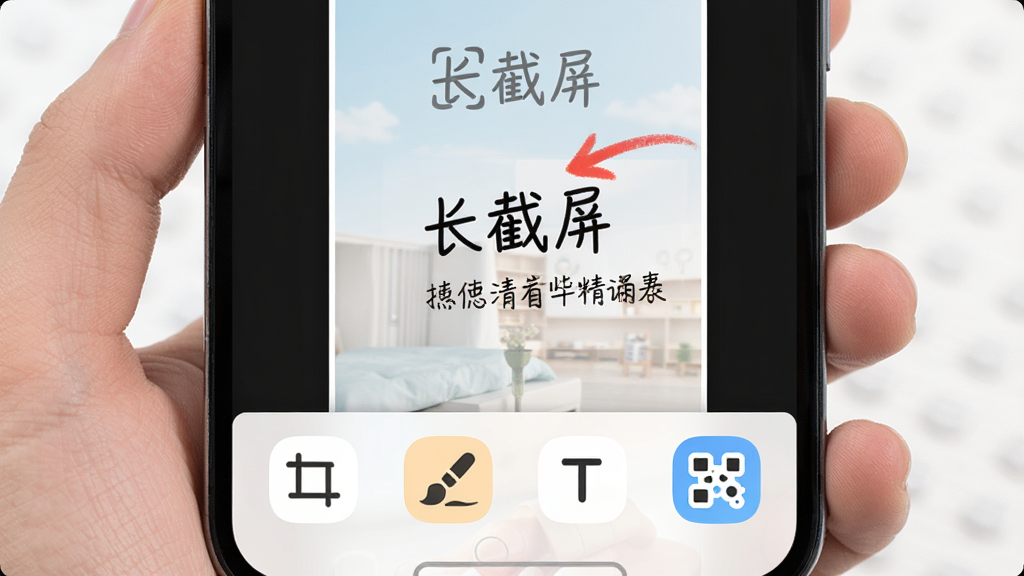 手机屏幕展示长截屏应用内置编辑界面,底部工具栏包含裁剪、画笔、文字、马赛克图标,长图中央有红色箭头标注和手写文字说明,界面明亮,图标圆润,突出“长截屏”字样,画质细腻,无多余元素