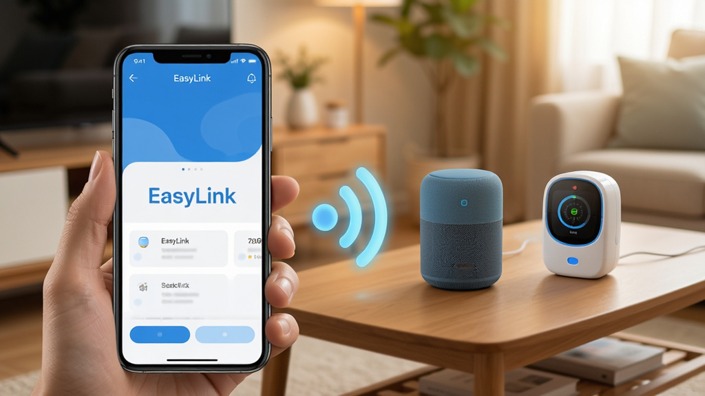 智能家居场景中,手机屏幕显示EasyLink应用界面,界面简洁现代,以蓝色为主色调,背景为温馨的客厅环境,茶几上摆放智能音箱和空气检测仪,手机与设备之间用发光的无线信号连接,画面明亮清晰,科技感与生活感融合,UI设计扁平化,文字标注“EasyLink”字样,画质干净无多余元素