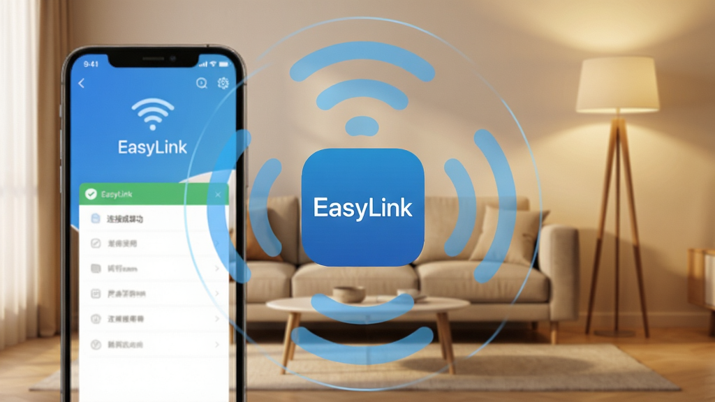 手机与智能设备连接示意图,画面中心是EasyLink应用图标,周围环绕Wi-Fi信号波纹,背景为现代简约客厅,沙发和落地灯,色调温暖,应用界面简洁,文案“连接成功”字样,画质细腻干净