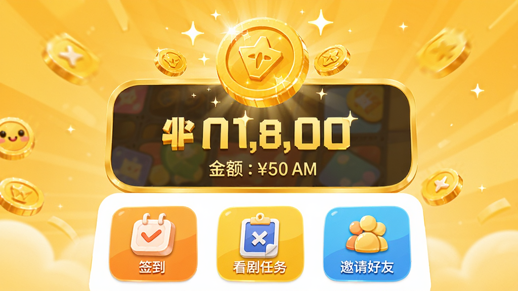 富小剧APP的收益页面设计图,中央显示当前金币数量和可提现金额,下方有“签到”、“看剧任务”、“邀请好友”三个功能图标,背景使用暖黄色调,金币图标闪耀,界面布局清晰,数字醒目,画质高清,风格活泼,突出“富小剧”的赚钱功能