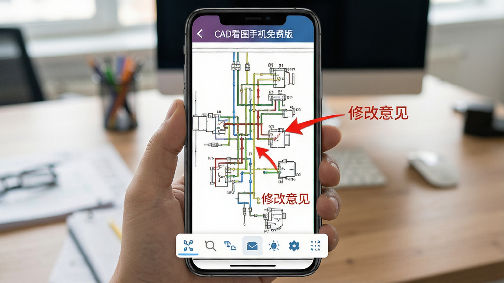 主体:手机界面展示图纸批注功能,有红色箭头和文字标注。布局:手机竖屏,图纸为机电管线图,背景为办公室桌面。排版:批注工具条悬浮在屏幕下方,文字清晰。风格:简洁实用,色彩鲜明。细节:批注内容包含“修改意见”字样,软件名称“CAD看图手机免费版”出现在顶部。画质:高清,干净无多余元素。