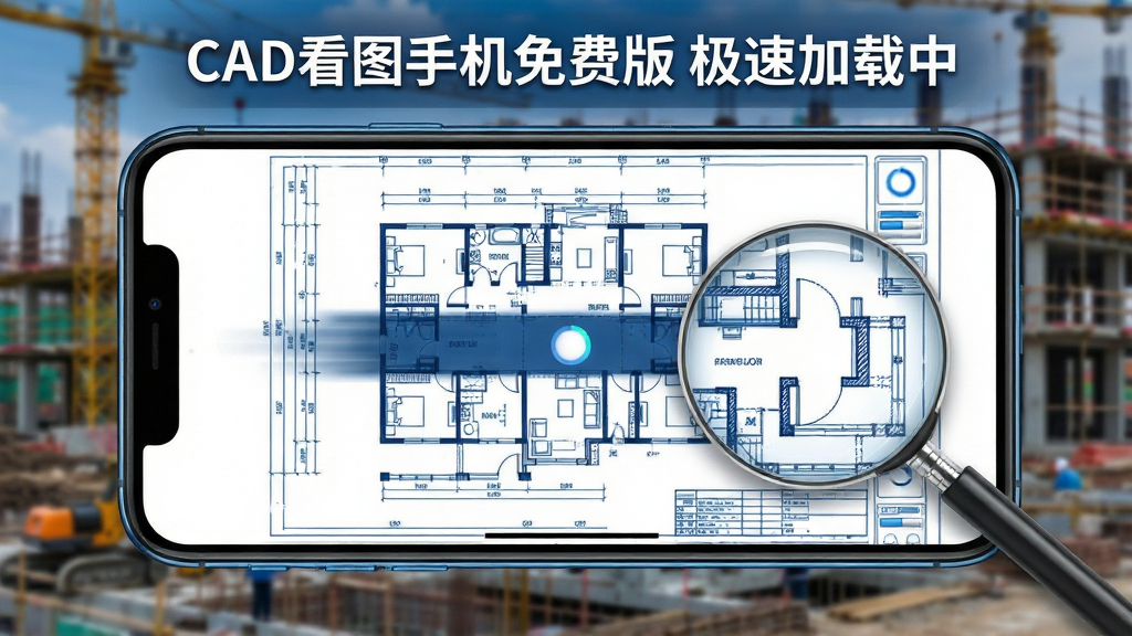 主体:手机屏幕上显示一张复杂的CAD建筑平面图,正在快速加载。布局:手机横屏展示,背景为模糊的施工现场。排版:图纸线条锐利,局部有放大镜查看细节。风格:专业高效,科技蓝为主色调。细节:屏幕上方显示“CAD看图手机免费版 极速加载中”字样。画质:高清,细节丰富,无多余元素。
