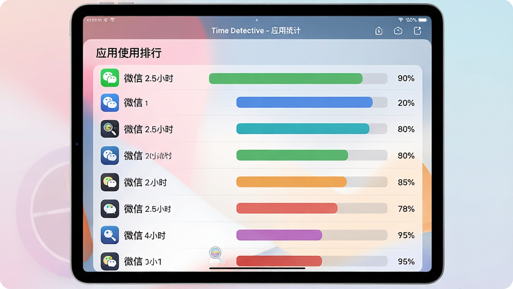 主体:平板电脑上展示Time Detective的“应用使用排行”列表,每行显示应用图标、名称、使用时长条。布局:平板横放,列表清晰,背景为纯色渐变。排版:时长条用不同颜色区分,右侧有百分比。风格:简洁数据可视化。细节:标题栏显示“Time Detective - 应用统计”,列表首行是“微信 2.5小时”。画质:高清,干净,无多余元素。