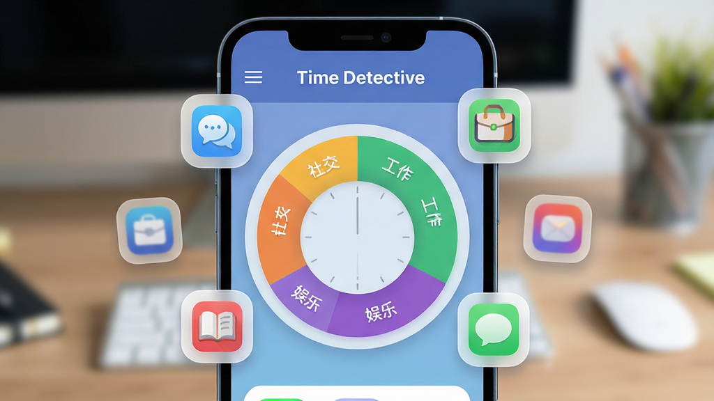 主体:一部智能手机屏幕显示Time Detective的仪表盘界面,中央是环形时间分布图,周围悬浮着各类应用图标。布局:手机居中,界面元素清晰,背景为模糊的办公桌面。排版:界面图表完整,色彩明快。风格:现代扁平化,带轻微拟物质感。细节:环形图上标注“社交”、“工作”、“娱乐”等分类,屏幕顶部有“Time Detective”字样。画质:高清,干净,无多余元素。