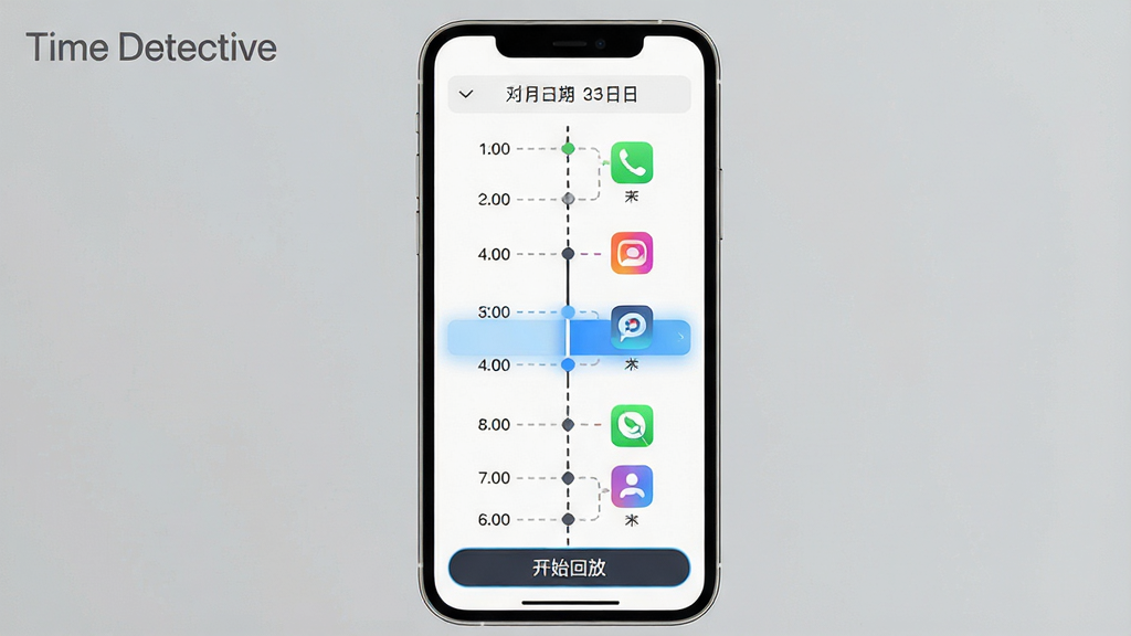 主体:手机竖屏展示Time Detective的“时间线回放”页面,垂直时间轴从早到晚排列,每个时段有彩色小图标表示应用。布局:时间轴居中,左侧显示时刻,右侧显示应用图标。排版:时间轴用虚线连接,当前时间段高亮。风格:极简线性风格。细节:顶部有日期选择器,底部有“开始回放”按钮,界面左上角有“Time Detective”水印。画质:锐利,干净,无多余元素。