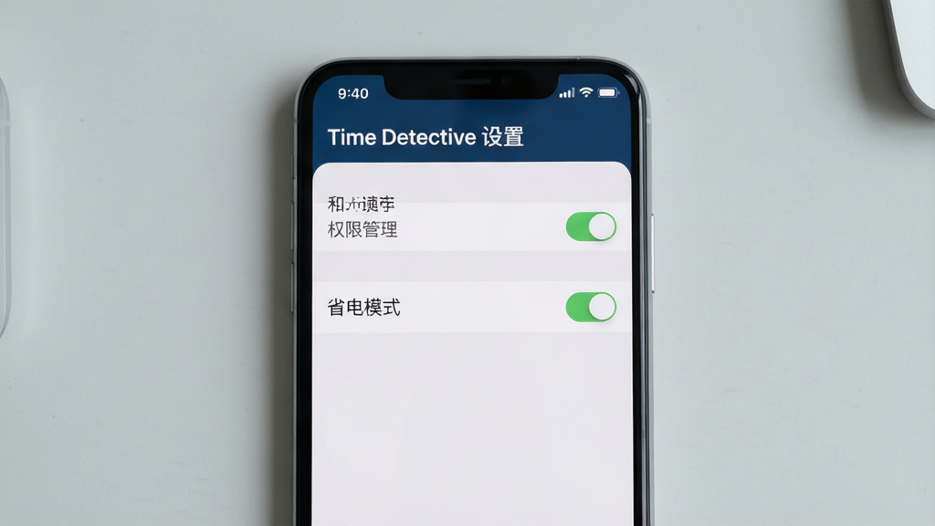主体:手机屏幕显示Time Detective的设置页面,顶部有“权限管理”选项,下方是“省电模式”开关。布局:手机竖屏居中,背景为浅灰色桌面。排版:设置项排列整齐,开关状态清晰。风格:清爽简洁。细节:屏幕上方状态栏显示时间,界面有“Time Detective 设置”标题。画质:高清,干净,无多余元素。