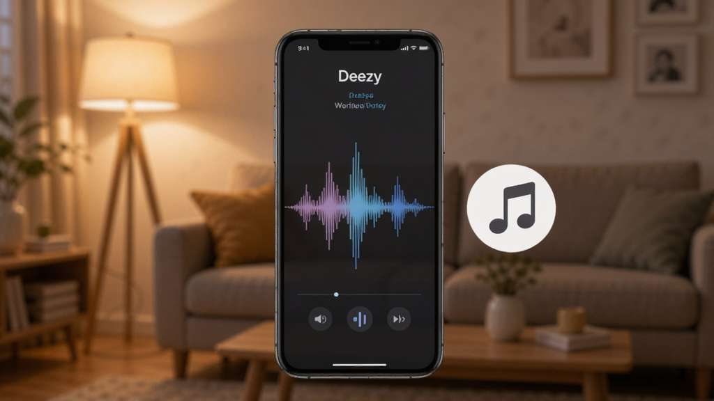 一张展示Deezy语音点歌功能的示意图,画面中央是一个智能手机,屏幕上显示语音识别波形图,旁边有音符图标,背景为温馨的客厅环境,暖色调灯光,整体画质清晰,风格写实,干净无多余元素