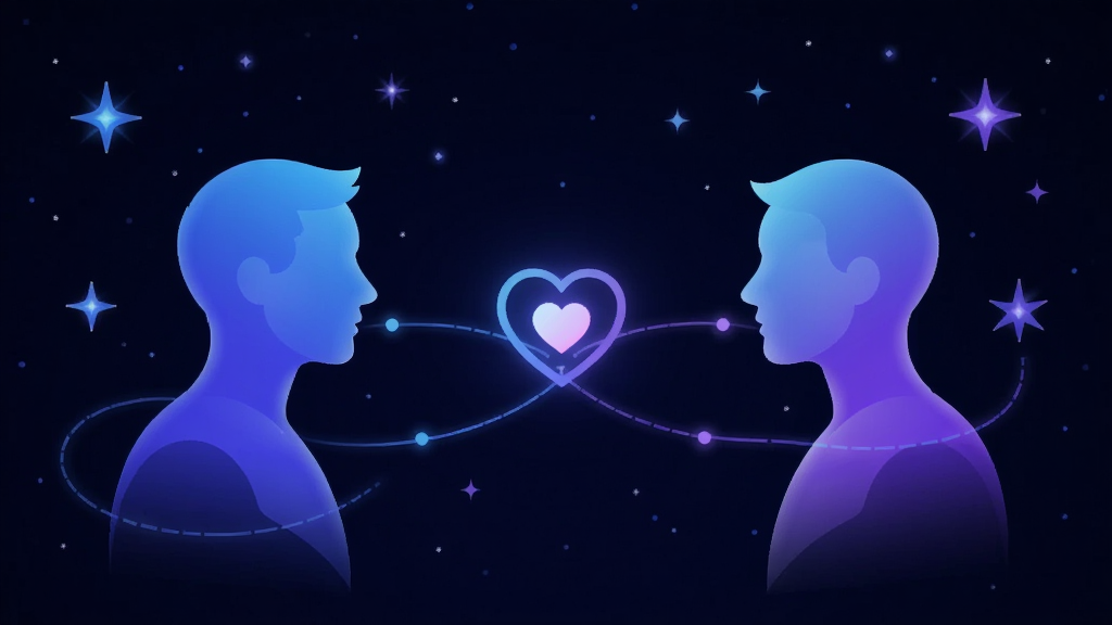 间聊app高效匹配功能概念图,主体是抽象化的两个人物剪影在数字星空中相遇,中间连接着发光的线条与心形,象征着精准的匹配与灵魂的共鸣,布局左右对称,风格科技感与未来感,蓝色与紫色渐变色调,画面干净,无多余元素,画质清晰。