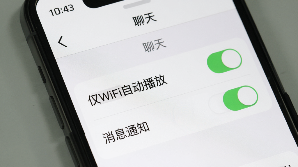间聊app使用指南操作界面图,主体是手机屏幕截图,展示设置菜单中“聊天”选项的界面,包含“仅WiFi自动播放”和“消息通知”等开关项,布局清晰,风格简洁写实,界面整洁,画质高清,无多余元素。