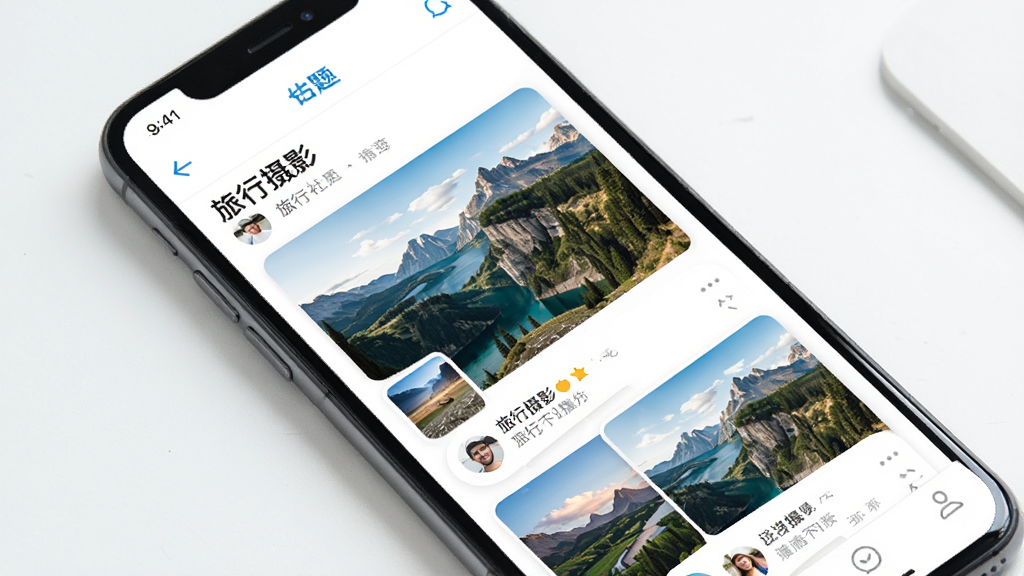 间聊app兴趣社区界面预览图,主体是手机应用内的一个关于“旅行摄影”的话题板块,包含多张精美的摄影作品卡片与用户评论,布局采用瀑布流形式,风格清新自然,色彩明快,画面干净,无多余元素,画质细腻。