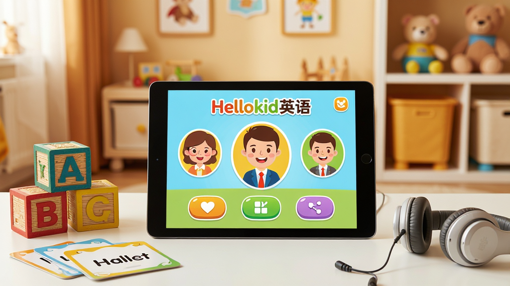一张明亮的儿童英语学习场景,画面中央一台平板电脑显示“Hellokid英语”App界面,界面有彩色卡通外教头像和互动按钮,周围摆放着字母积木、单词卡片和耳机,背景是温馨的儿童书房,暖色调,布局干净整洁,排版疏朗,风格可爱活泼,细节丰富,画质高清,干净无多余元素