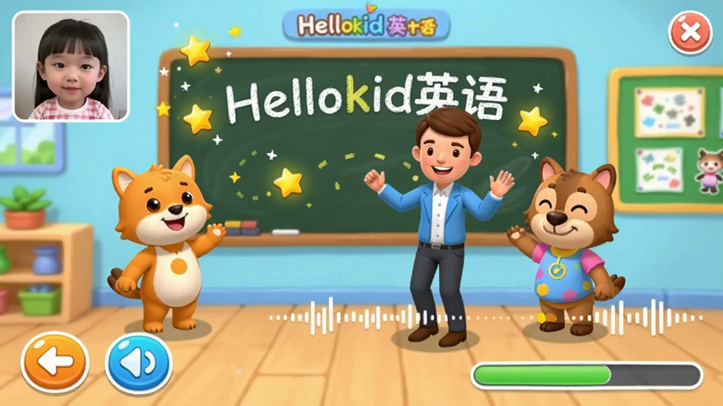 一个充满童趣的虚拟教室界面,黑板上有“Hellokid英语”字样,外教和卡通动物助教一起跳舞,孩子头像通过摄像头出现在屏幕角落,界面有星星奖励特效和语音波形动画,布局层次分明,排版活泼,风格卡通鲜艳,细节包括互动按钮和课程进度条,画质清晰,干净无多余元素