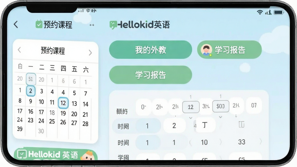 一张手机截图展示“Hellokid英语”的课程预约界面,界面清晰标注“预约课程”“我的外教”“学习报告”等按钮,背景为淡蓝色,排版简洁,风格现代,细节包括日历和时段选择器,画质干净,无多余元素