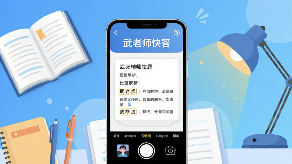 武老师快答学习辅导应用主视觉图,主体为一部智能手机屏幕显示拍照搜题界面,界面中有“武老师快答”字样与题目解析卡片,周围有课本、文具、台灯等学习元素,背景为清爽的蓝色渐变,排版居中,风格现代扁平化插画风,细节丰富,画质高清干净,无多余元素