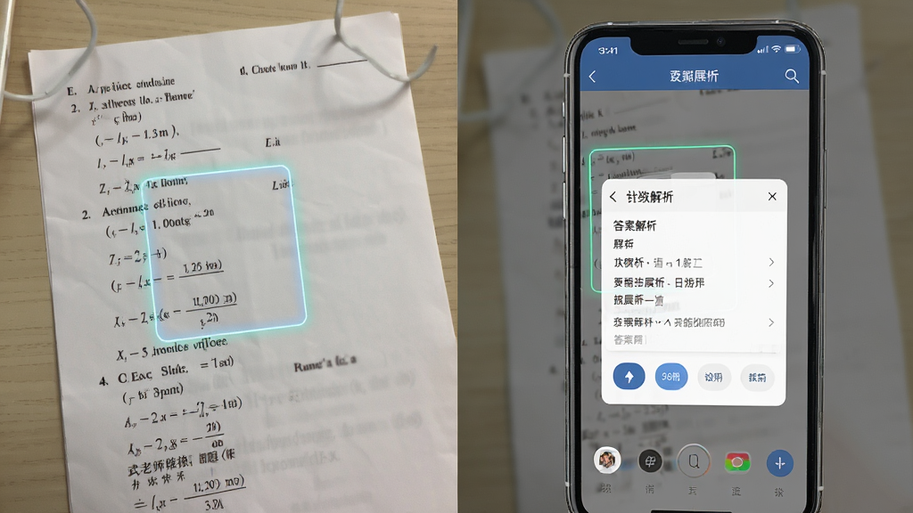 武老师快答智能拍照搜题功能展示图,主体为手机扫描数学试卷上的题目,界面高亮识别框并弹出答案解析,布局左右分屏,左侧是实体试卷,右侧是应用界面,风格写实与UI结合,细节清晰,画质高清干净,无多余元素