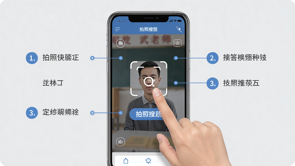 武老师快答使用指南操作流程图,主体为手机操作界面,手指点击“拍照搜题”按钮,旁边有步骤序号标注,背景为浅灰色,布局清晰,风格信息图,细节干净,画质高清,无多余元素