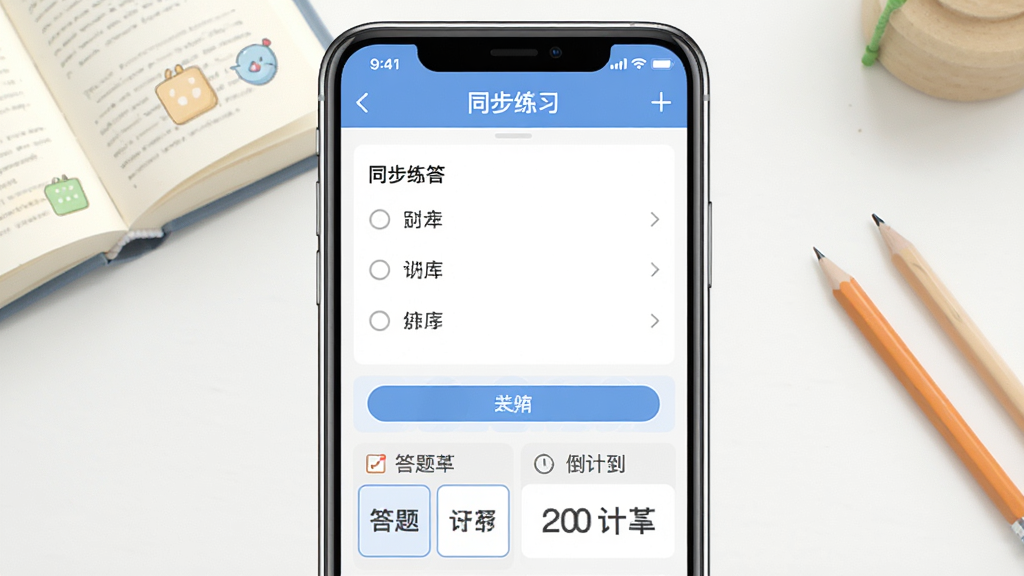 武老师快答同步练习题库界面截图,主体为手机显示选择题作答页面,下方有答题卡与倒计时,顶部显示“同步练习”字样,背景有书本与铅笔装饰,布局整洁,风格简约UI,细节清晰,画质高清干净,无多余元素